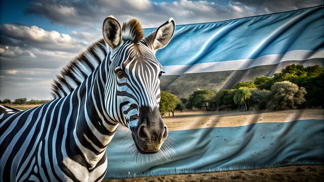 Zebra standing in front of botswana flag waving in the wind