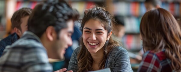 A group of students sharing a laugh and engaging in a lively discussion during a study session in a library, highlighting the joy of collaborative learning.