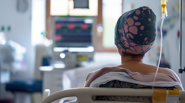 Woman receives chemotherapy for cancer treatment