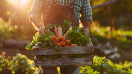 Farmer holding a wooden box filled with fresh vegetables, signifying harvesting season. Basket with vegetables in the farmer's hands, emphasizing healthy, organic food and agriculture.