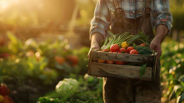 Close-up of a farmer holding a wooden box brimming with fresh vegetables, illustrating the harvesting season. The basket of vegetables is held by the farmer, representing healthy, organic food and agr