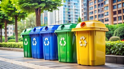 Row of colorful plastic recycling bins standing on sidewalk in park
