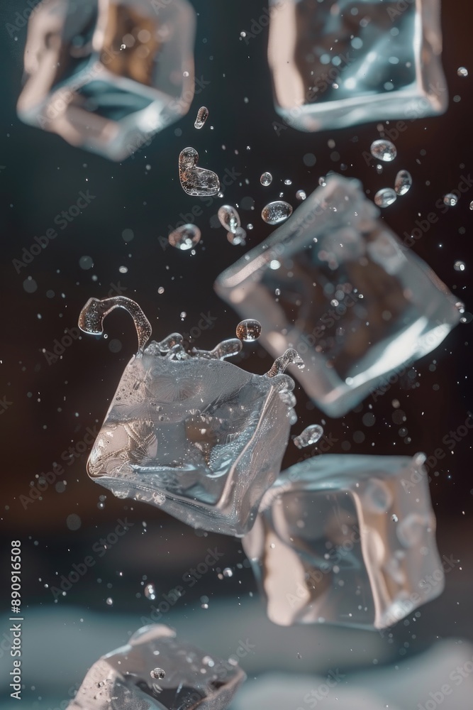 Poster A unique scene with frozen ice cubes suspended in mid-air, no visible support or container