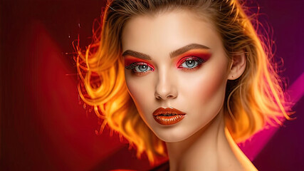 Fototapeta premium Fashion model girl with golden makeup, beautiful makeup on the eyes and lips of a female model, fashion and beauty industry 