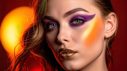 Fototapeta premium Fashion model girl with golden makeup, beautiful makeup on the eyes and lips of a female model, fashion and beauty industry 