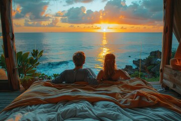 A couple lying in bed under the blankets, looking at the sea view