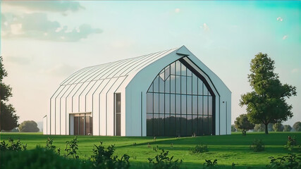 Obraz premium modern barn style building with large windows in nature, barhouse style house, 3D rendering. modern advanced technologies for the construction of modular houses,