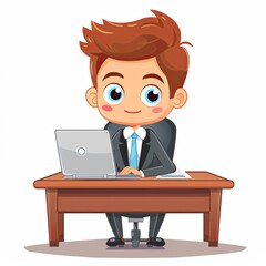 cute cartoon boy businessperson sitting at a desk with a laptop on a white background.