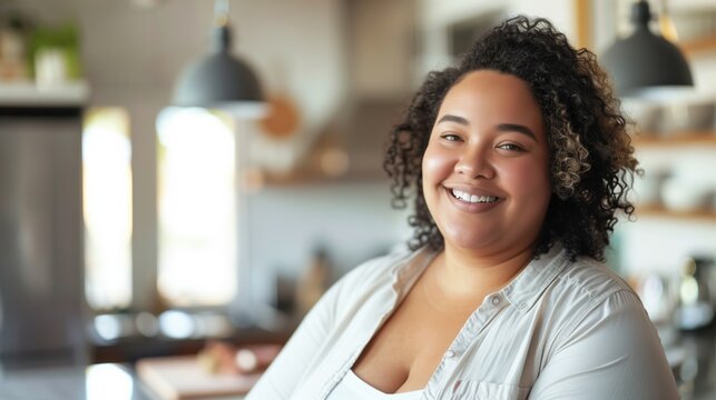 Portrait of a smiling happy fat woman in her home