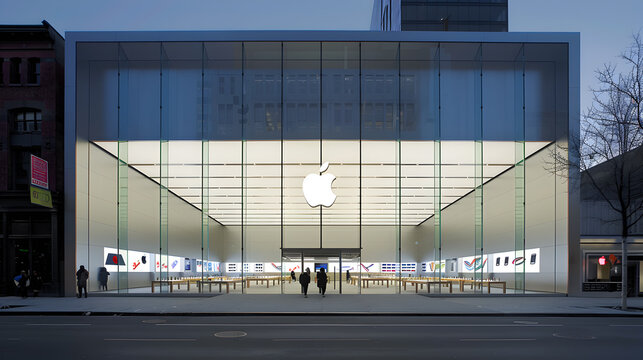 the exterior of an Apple store, with its distinctive white logo illuminated against a sleek, glass facade Representing the Iconic Brand's Influence and Innovation in Technology and Consumer Electronic
