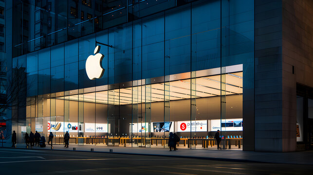 the exterior of an Apple store, with its distinctive white logo illuminated against a sleek, glass facade Representing the Iconic Brand's Influence and Innovation in Technology and Consumer Electronic