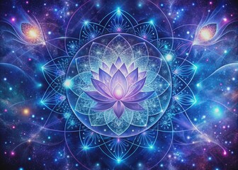 Vibrant mandala-inspired galaxy swirls in deep blues and purples, surrounded by subtle lotus flowers and sacred geometry patterns, evoking spiritual awakening and cosmic unity.