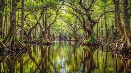 of a dense swamp forest with twisting vines and murky waters, swamp, forest,dense, twisting vines, murky waters, nature