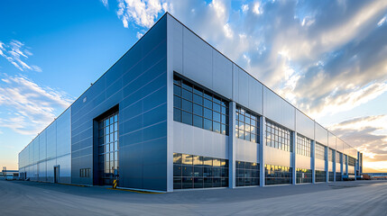 Fototapeta premium Modern Warehouse Building with Industrial Architecture and Blue Sky in the Background