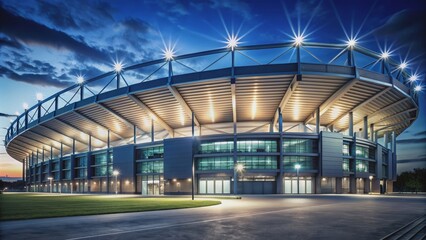 Obraz premium Stadium exterior illuminated at night, night, stadium, lights, exterior, architecture, sports, venue, evening, glowing