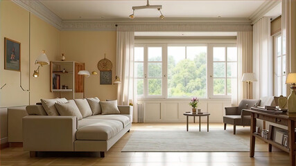 Fototapeta premium modern villa living room with antique decor and furniture, neutral sofa and jute rug, interior photography. Modern interior, 