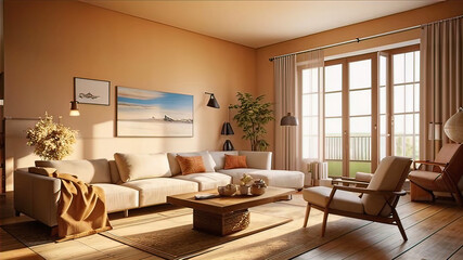 Fototapeta premium modern villa living room with antique decor and furniture, neutral sofa and jute rug, interior photography. Modern interior, 