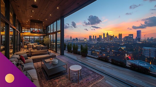 Sophisticated networking event invitation depicting an open area rooftop lounge with city skyline views with a writing space on the left side for event details and networking wishes