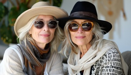 Radiant Style Aging Friends Embrace Timeless Fashion Joy, Two Women in Stylish Hats and Sunglasses Radiate Confidence and Elegance in Their Later Years