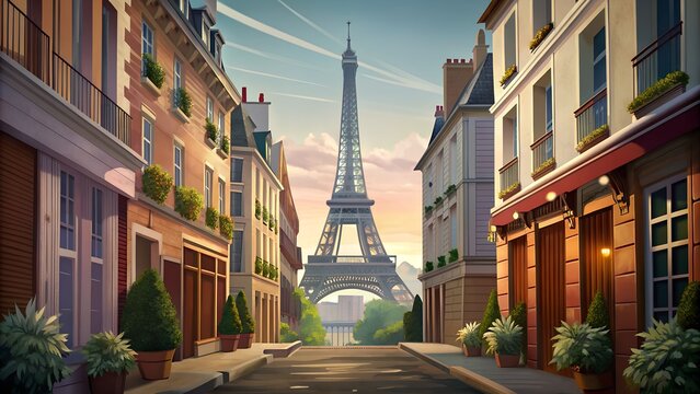 The eiffel tower standing majestically over a typical parisian street at sunrise
