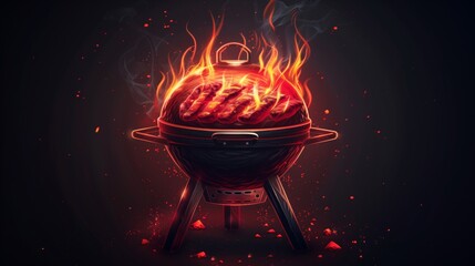 Fiery Outdoor Kettle Grill With Hot Flames and Charred Meat