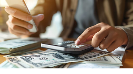a person handling cash while using a calculator
