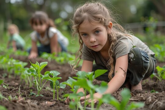 Young Girl Tending to Plants in a Garden on a Sunny Day