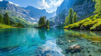 Tranquil mountain landscape with a clear blue lake in the foreground