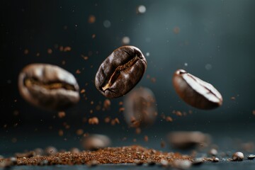 A bunch of coffee beans suspended in mid-air, perfect for adding texture and movement to your design or photo