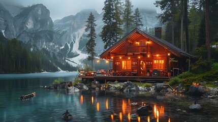 Fototapeta premium Retirement party invitation featuring open area writing space center scene depicts joyful celebration lakeside cabin friend family sharing story toasting retiree writing space includes