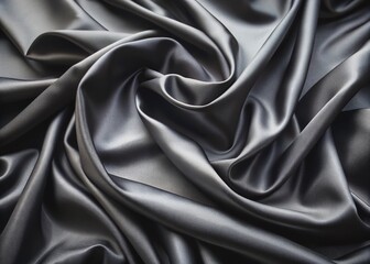 Obraz premium Luxurious black silk fabric with intricate folds and bends, showcasing fluidity and smoothness, with a close-up perspective that highlights its velvety texture and dark sheen.