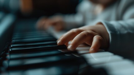 Fototapeta premium A child’s hands pressing keys on a piano, highlighting the engagement and learning process. The background is artistically blurred, focusing on the hands and keys interaction.