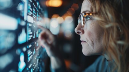 Individual engaging with a large, futuristic digital screen full of data and analytics, representing high-tech interaction and technological advancement in a sleek setting.