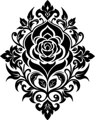 Vintage Rose Damask Floral Symmetry Black Stencil. 