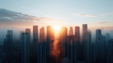 Fototapeta premium The image captures a breathtaking sunrise over a dense city skyline where the sun pierces through the fog, illuminating the towering skyscrapers beautifully.