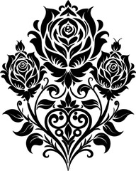 Fototapeta premium Vintage Rose Damask Floral Symmetry Black Stencil. 
