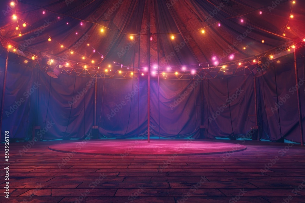 Poster a colorful circus tent with a red carpet leading up to the entrance, surrounded by warm string light