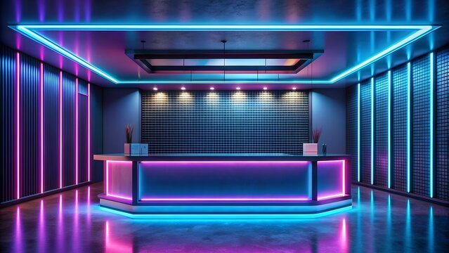 Empty reception desk illuminated with neon lights in modern building