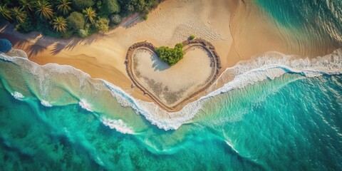 Aerial view of heart shape in sand on beautiful tropical beach with vintage filter effect, tropical, beach, aerial view, sea