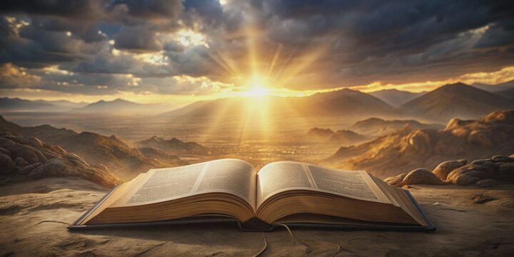 Epic cinematic presentation of an open bible revealing the Book of Exodus , Book of Exodus, bible study