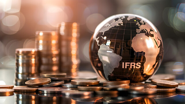 a globe inscribed with "IFRS" set against a background of stacked coins, International Financial Reporting Standards concept