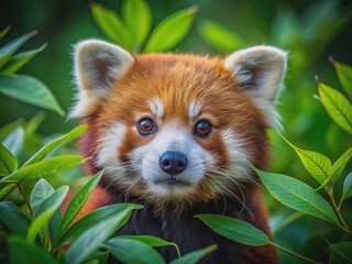 Adorable red panda's gentle gaze captivates amidst vibrant green leaves and stems, showcasing its soft fur, whiskers, and subtle facial expression in a serene environment.
