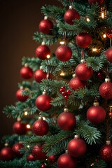 Fototapeta premium A Christmas tree decorated with red ornaments and twinkling lights