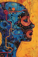 Fototapeta premium A colorful abstract illustration of a human head with gears and circuits