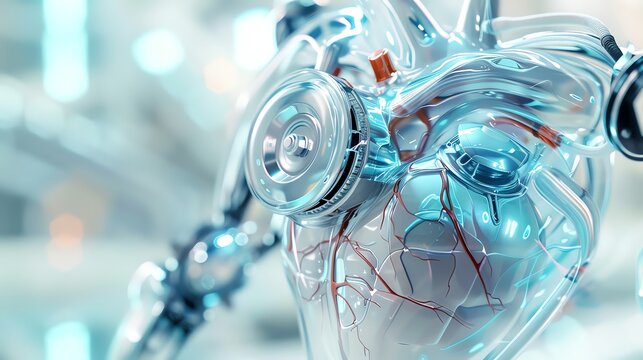 Artificial heart with tubes, futuristic medical tech, sterile background, detailed closeup