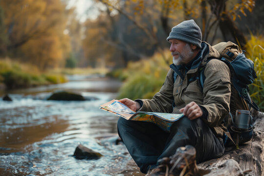 A Mature Man Studies His Map While Camping Beside a River in Autumn