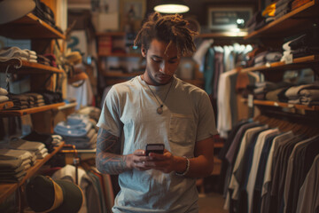 Fototapeta premium A Young Entrepreneur Manages His Business While Checking His Smartphone in His Retail Clothing Store