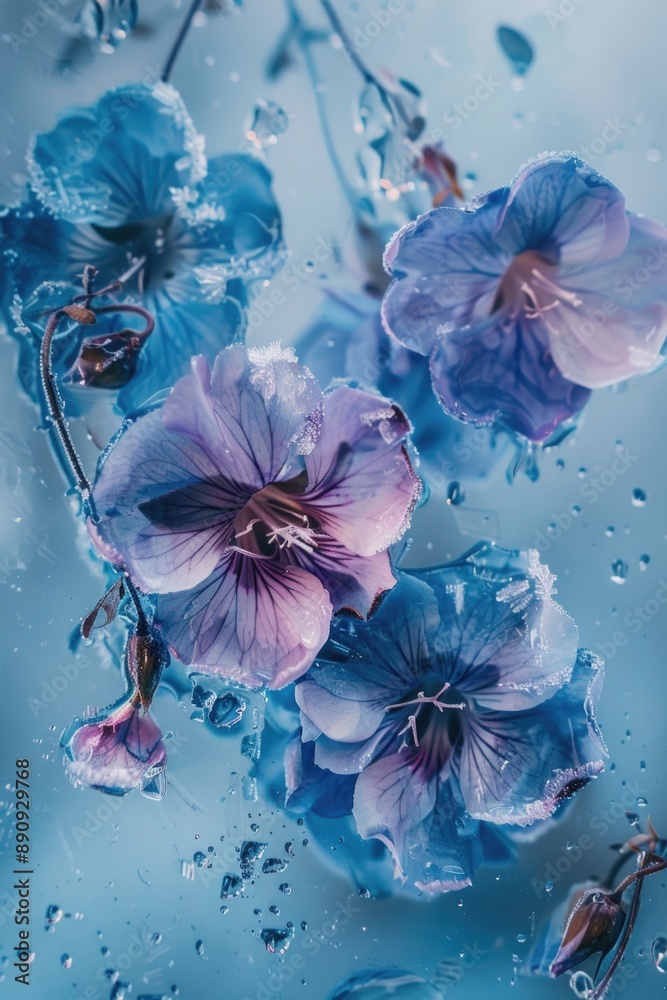 Poster a group of purple flowers float on the surface of a pool of calm water