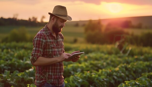 Farmer using a tablet in a green field, evening light, modern agriculture and technology