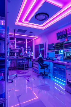 Futuristic medical lab with neon blue and purple lights, hightech equipment, modern design, wide shot